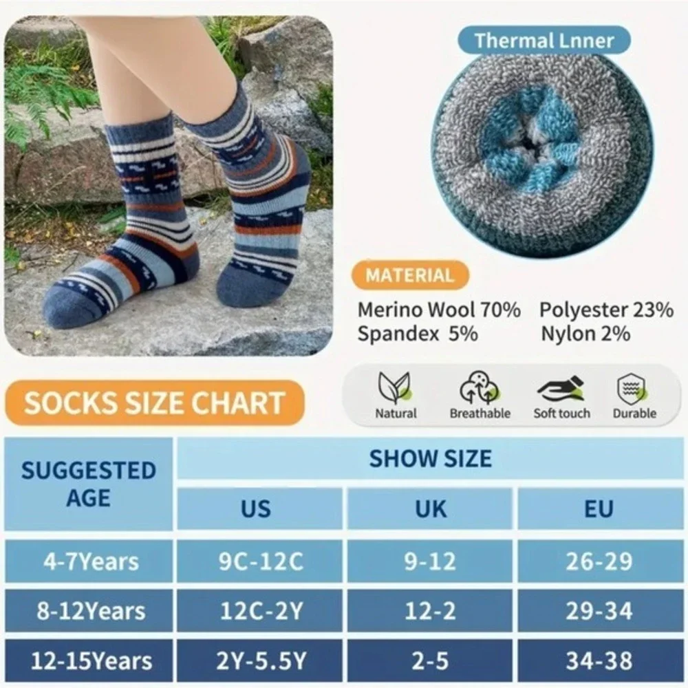 Merino Wool Thermal Thick Warm Cozy Winter Socks 8-12 Boys Retro Striped Soft‎